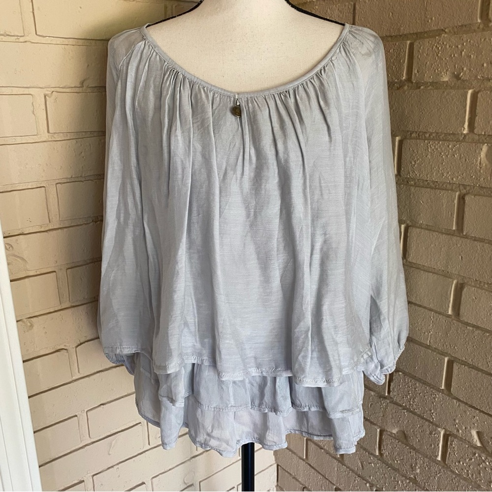 TEMPO PARIS Gray Sheer Scoop Neck Peasant Layered Tunic Blouse Top Size Small S